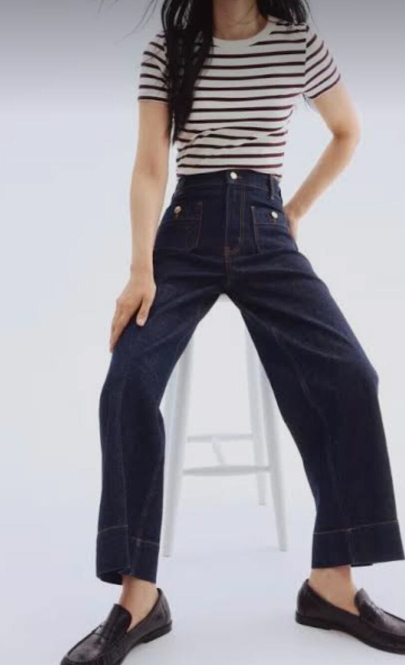 H & M Wide High Rise Ankle Jeans Dark Denim Blue Size 12 Patch Pockets